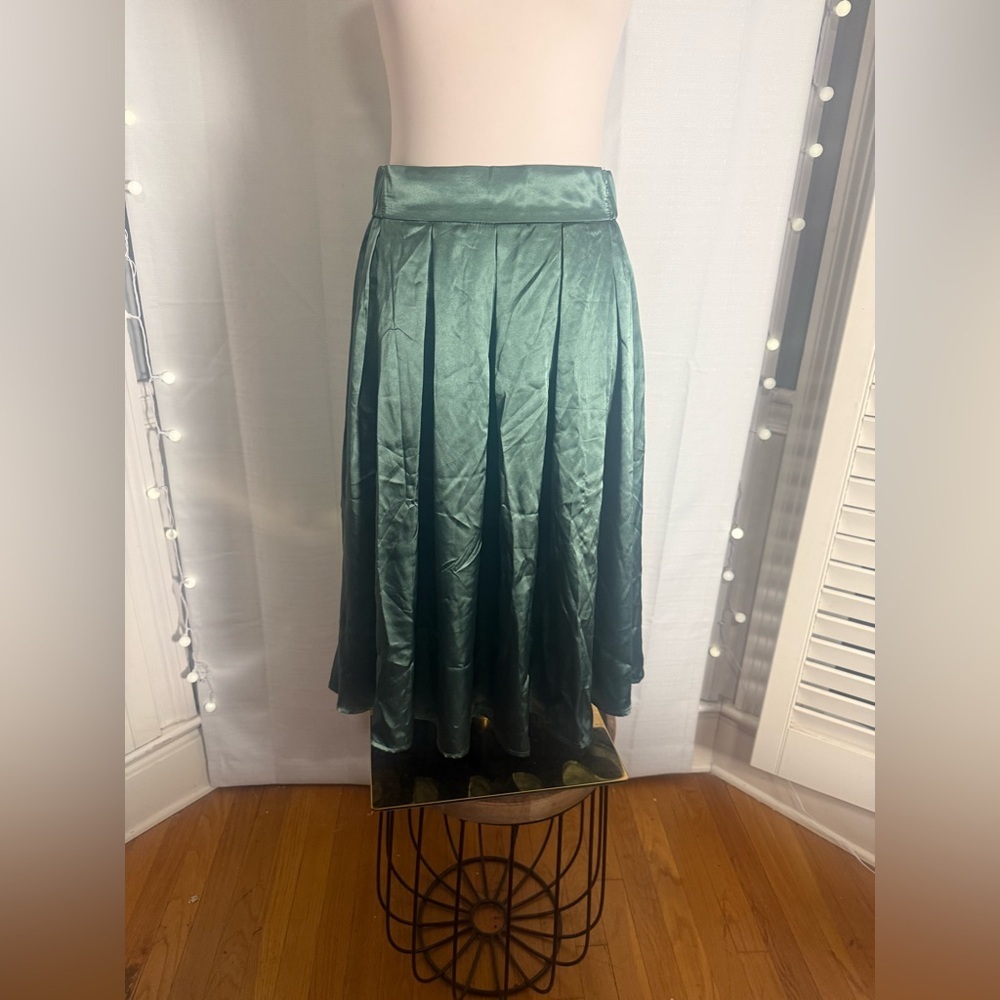 Emerald Green Satin Midi Skirt Costume Agent M Full Swing A-Line Elastic Waist
